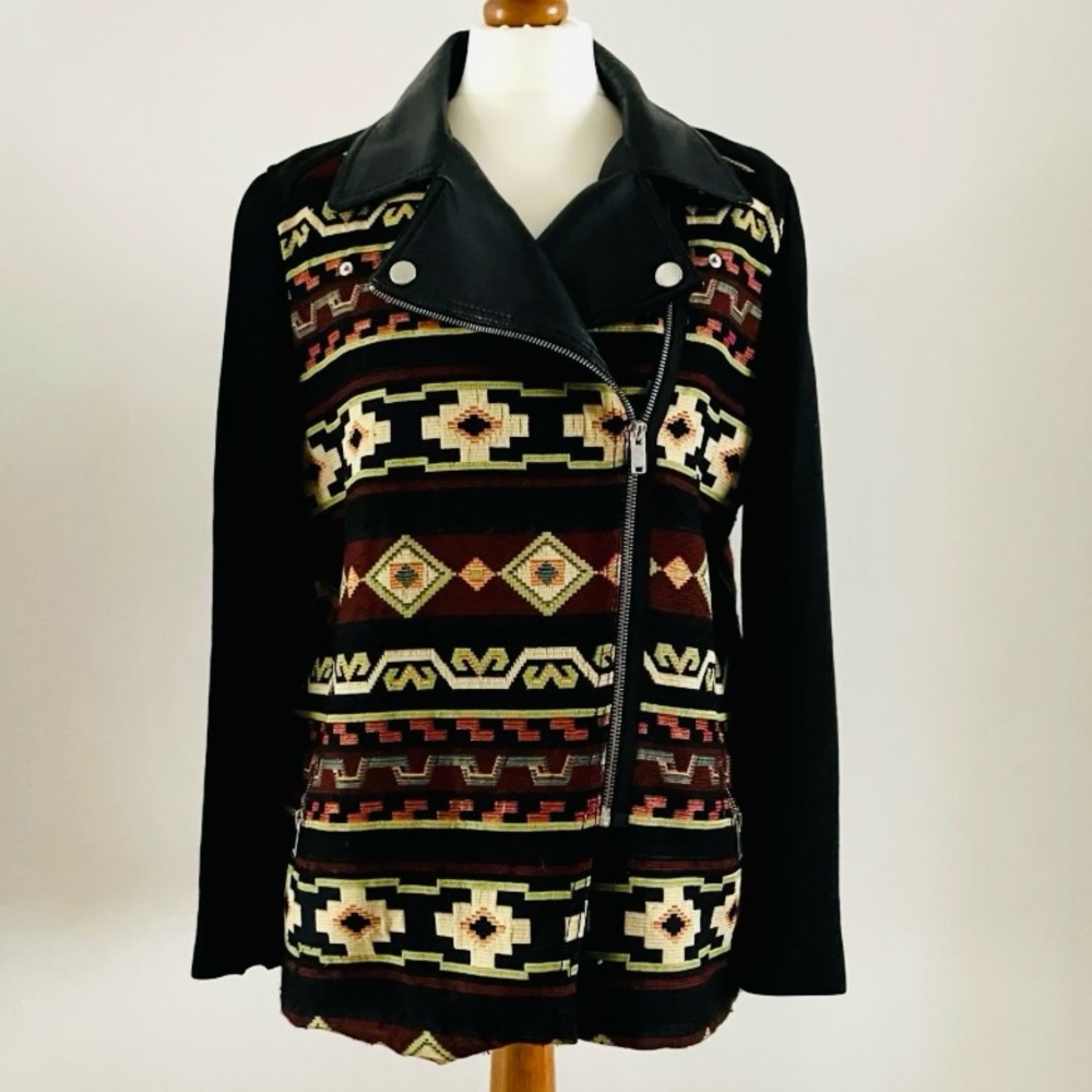 ZARA Jacket Woven Aztec Print Leather Sleeves Silver Zip Button Trim Sz S